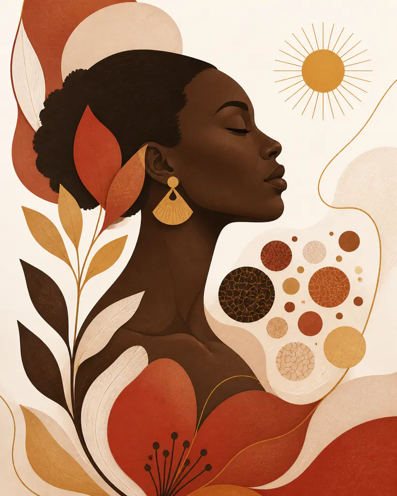 Ilustração editorial de uma mulher negra entre formas botânicas e texturas de pele
