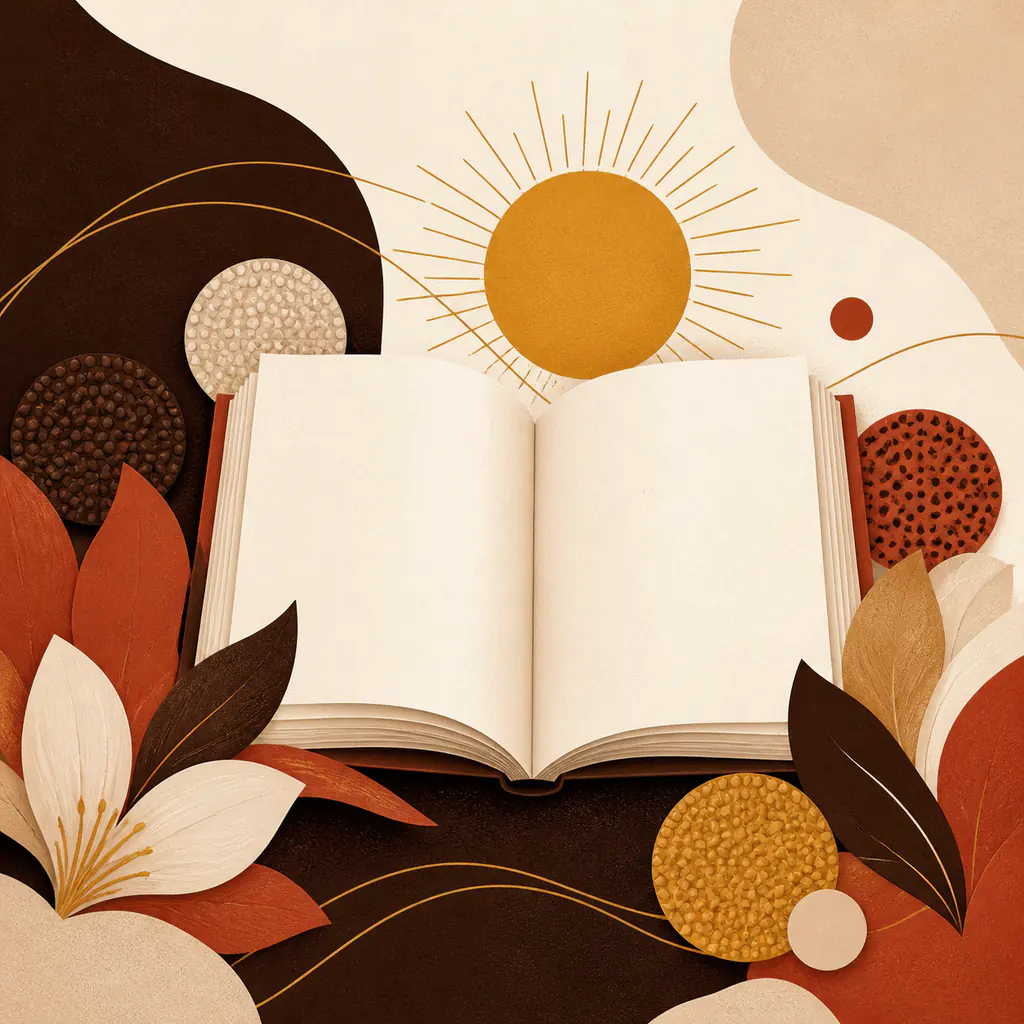 Ilustração editorial de um caderno aberto entre formas botânicas e texturas de pele